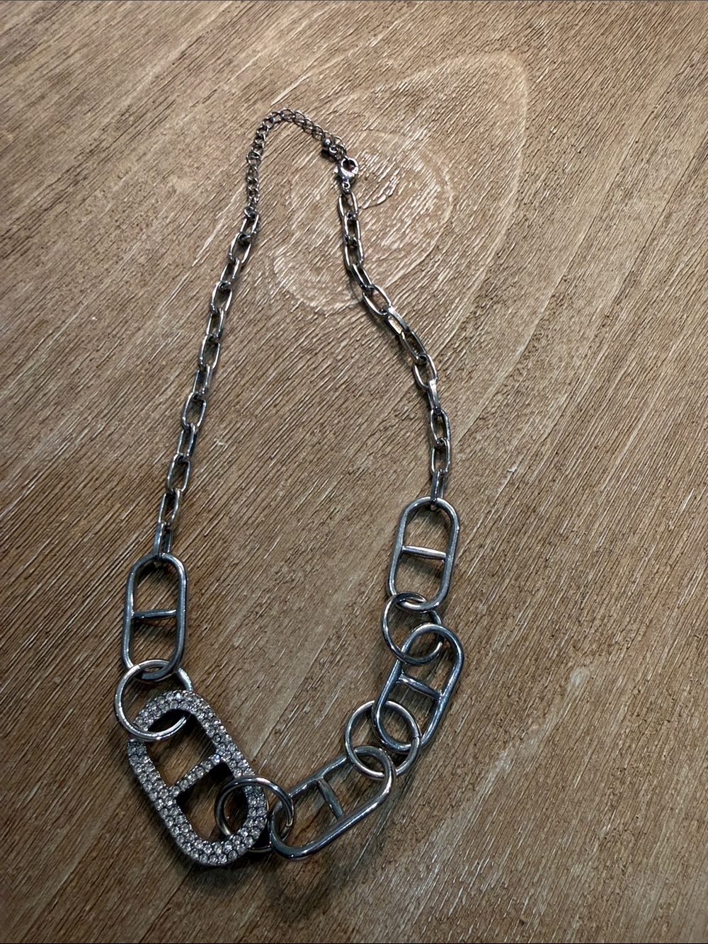Silver Link Chain Necklace with Pavé Crystal Accent